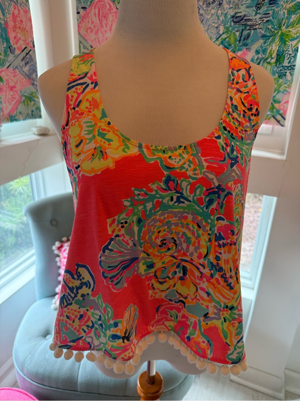 Lilly Pulitzer Coral Reef Island Seacret Shirley top with Pom Pom trim